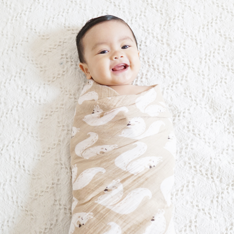 Happy baby swaddled tightly